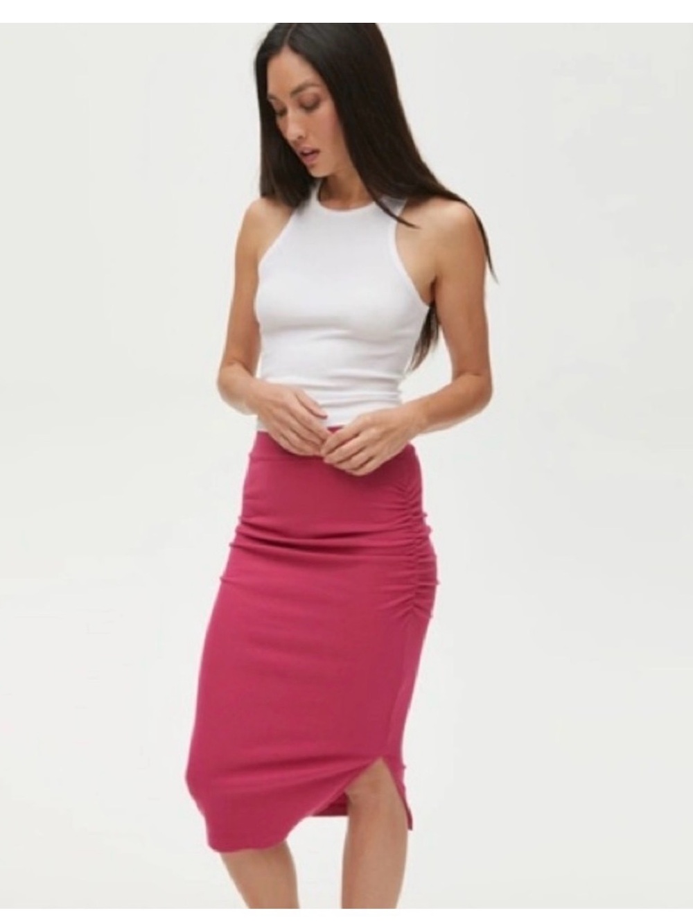 Michael Stars Magenta Ruched Midi Skirt